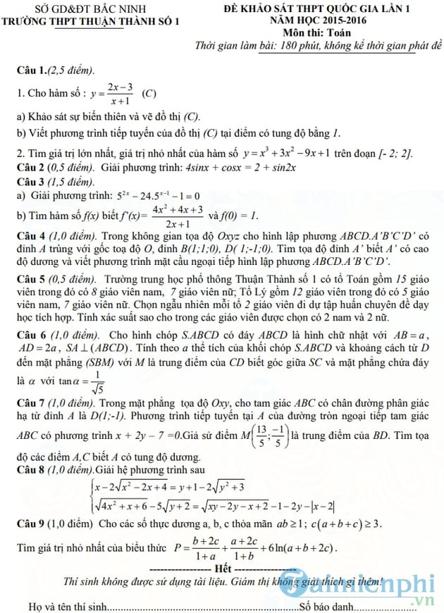 Đề thi thử THPT Quốc gia môn Toán THPT Thuận Thành năm 2016