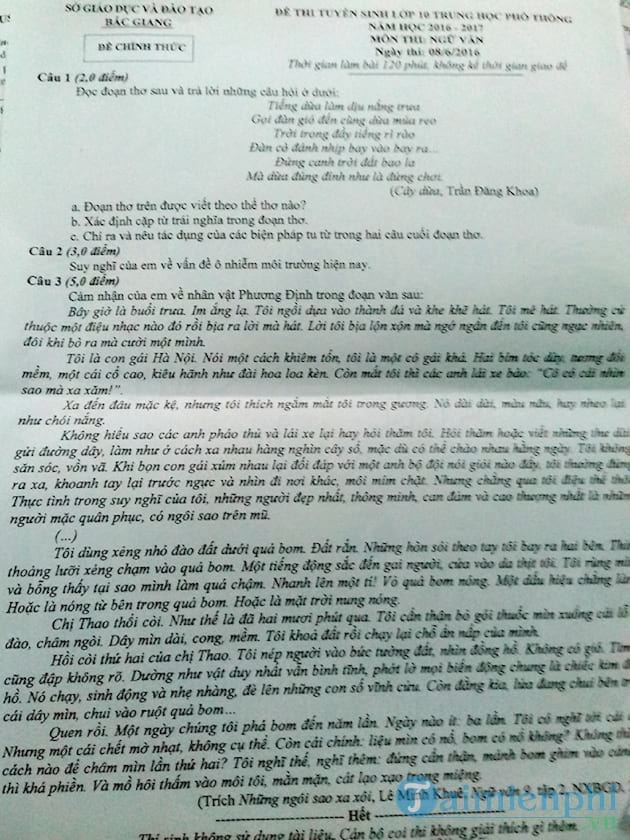 Đề thi vào lớp 10 môn Văn THPT tỉnh Bắc Giang năm 2016