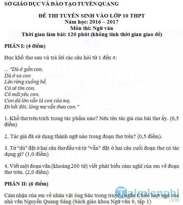 Đề thi vào lớp 10 môn Văn THPT tỉnh Tuyên Quang năm 2016