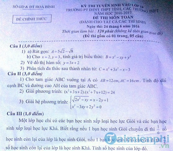 Đề thi vào lớp 10 môn Toán THPT tỉnh Hòa Bình 2016