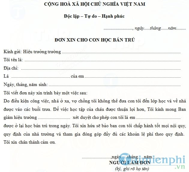 Đơn xin học bán trú