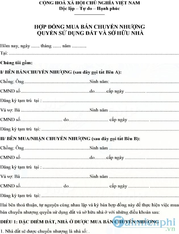 Mẫu hợp đồng mua bán chuyển nhượng quyền sử dụng đất và sở hữu nhà đất
