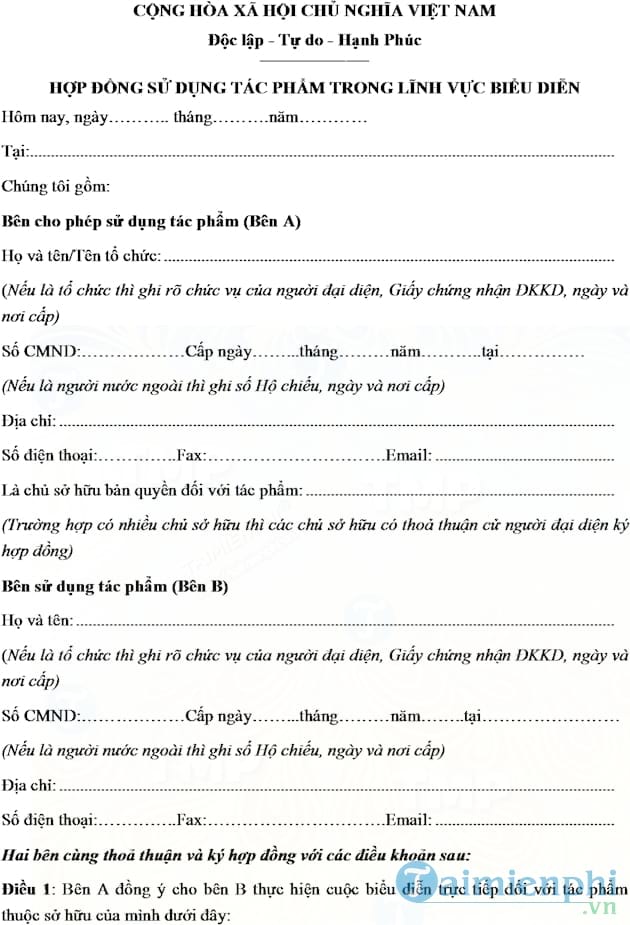 Mẫu hợp đồng sử dụng tác phẩm trong lĩnh vực biểu diễn