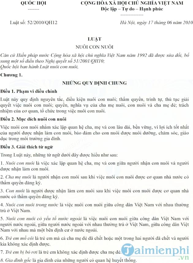 Luật nuôi con nuôi số 52/2010/QH12