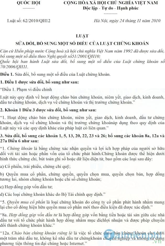 Luật chứng khoán số 62/2010/QH12
