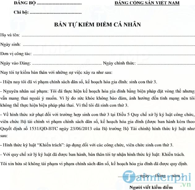Mẫu bản tự kiểm điểm đảng viên sinh con thứ 3