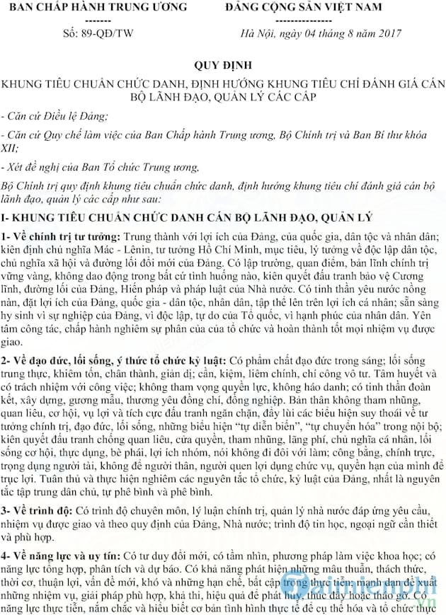 Quy định 89 QĐ/TW