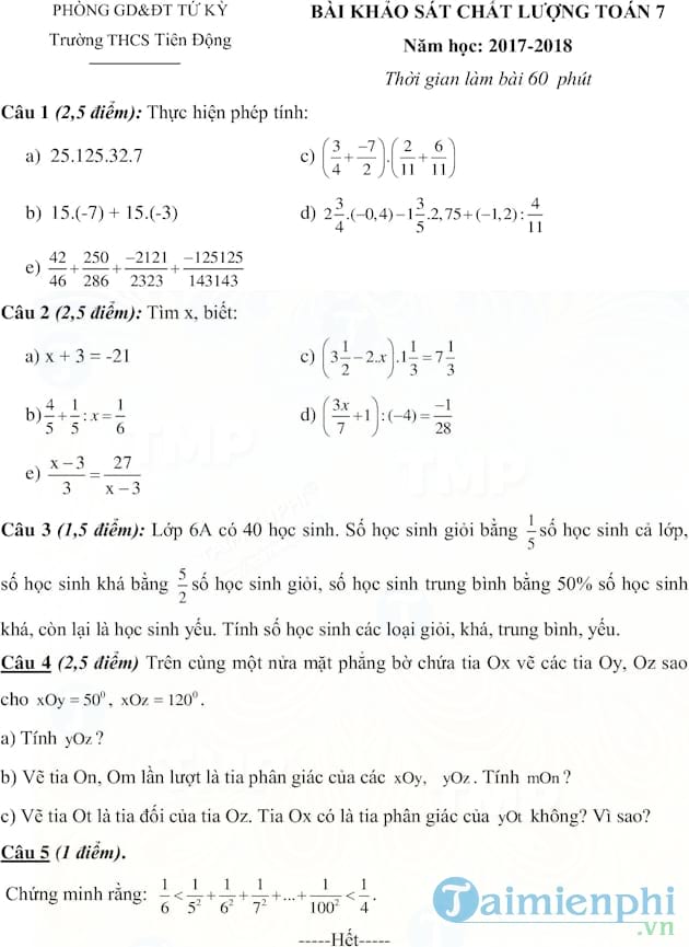 Đề kiểm tra chất lượng đầu năm lớp 7 môn Toán