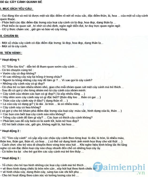 Giáo án mầm non chủ đề Cây cảnh quanh bé