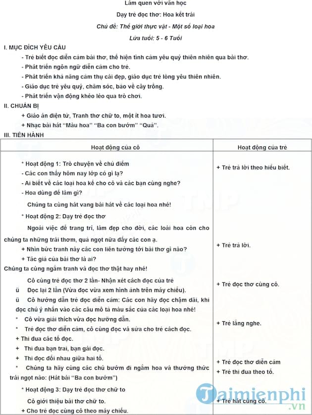 Giáo án làm quen văn học chủ đề dạy trẻ làm thơ