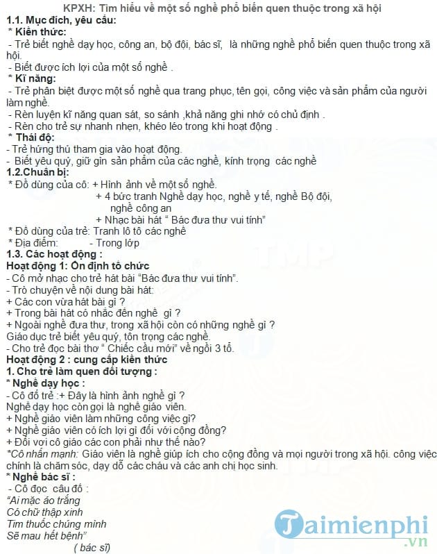 Giáo án KPKH chủ đề nghề nghiệp