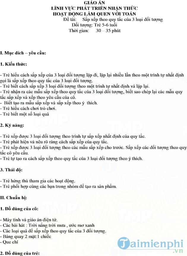 Giáo án Toán sắp xếp theo quy tắc