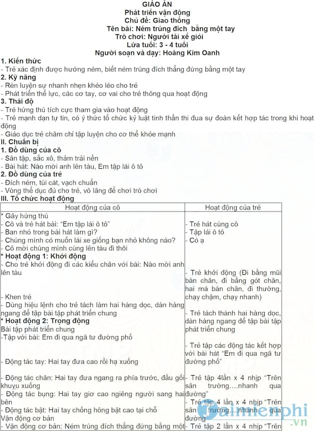 Giáo án ném trúng đích bằng 1 tay