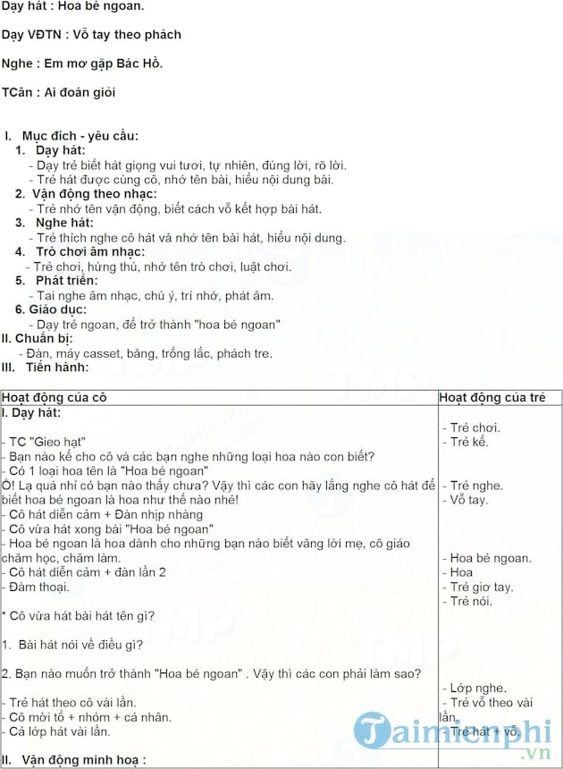 Giáo án âm nhạc vận động bài hoa bé ngoan