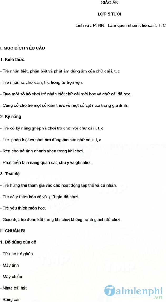 Giáo án làm quen chữ cái i, t, c