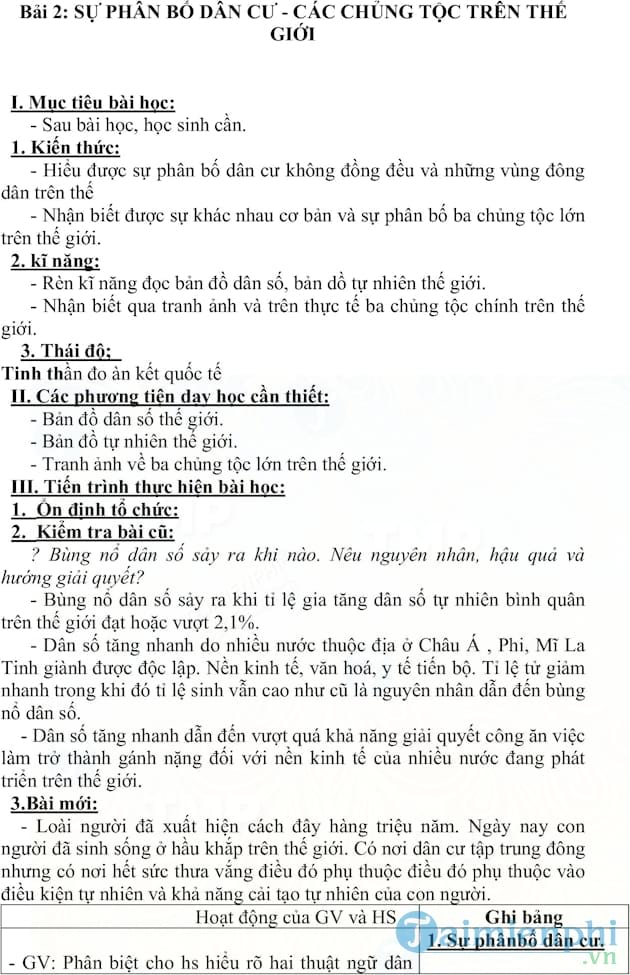 Giáo án Địa lý lớp 7 bài 2: Sự phân bố dân cư các chủng tộc trên thế giới
