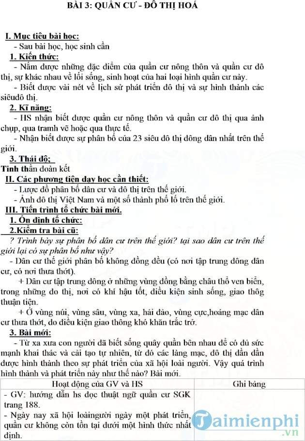 Giáo án Địa lý lớp 7 bài 3: Quần cư và Đô thị hóa