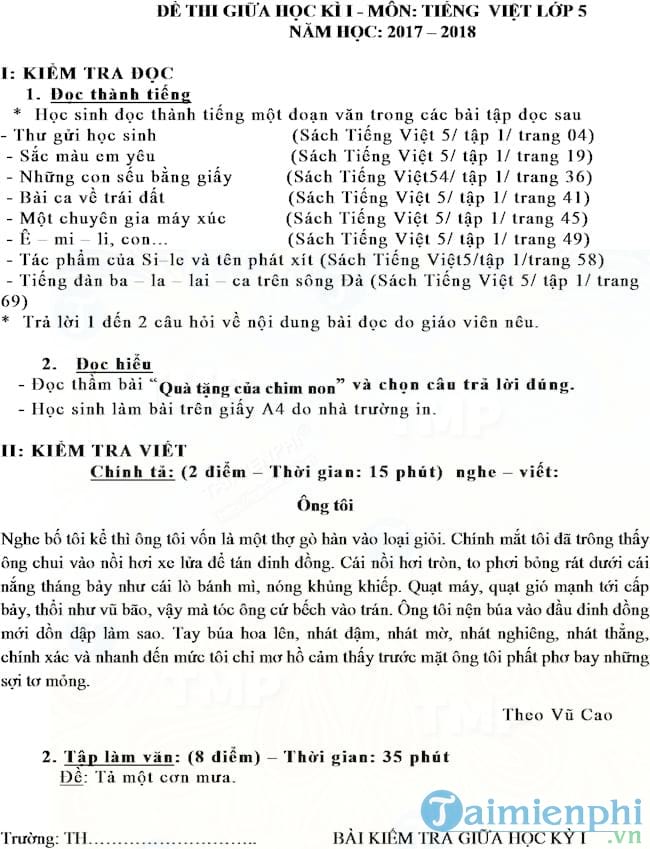 Đề thi giữa học kì 1 môn Tiếng Việt lớp 5 theo Thông tư 22