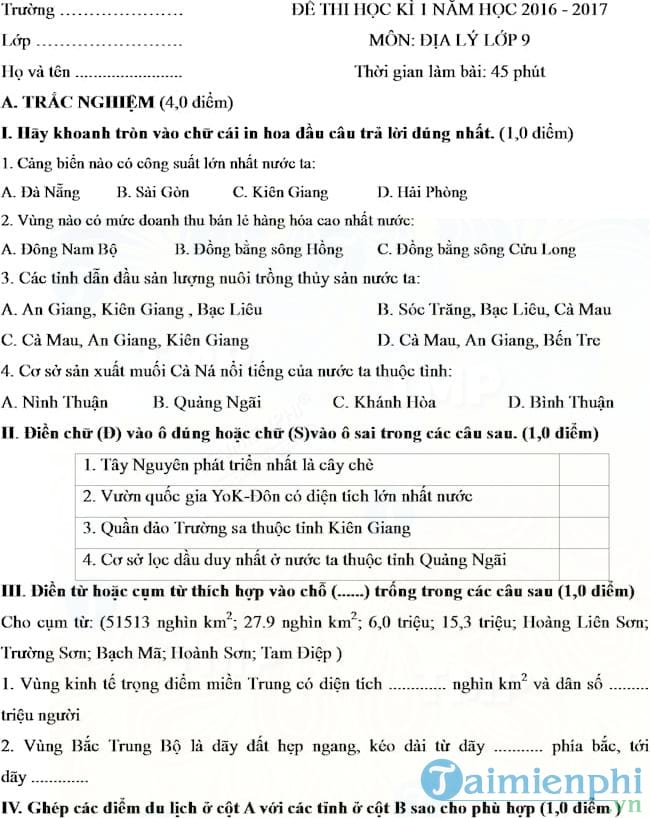 Đề thi học kì 1 môn Địa lý lớp 9 năm học 2016 - 2017