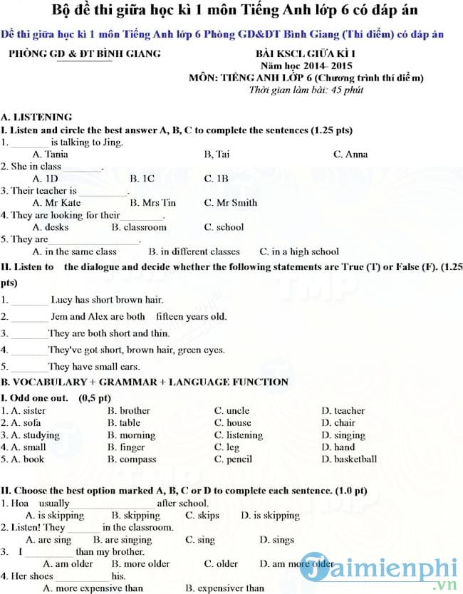 Bộ đề thi giữa học kì 1 môn Tiếng Anh lớp 6