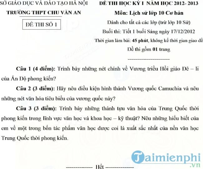 Đề thi học kì I môn Lịch sử lớp 10 THPT Chu Văn An