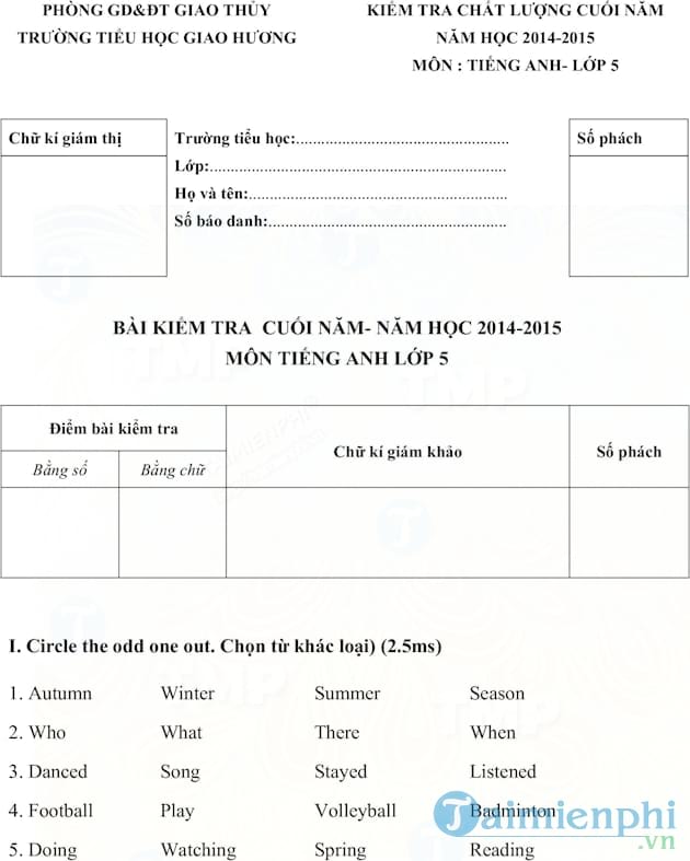 Đề thi giữa học kì 2 môn tiếng Anh lớp 5