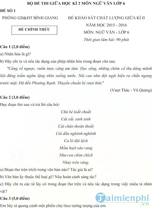 Đề thi giữa học kì 2 môn Ngữ văn lớp 6