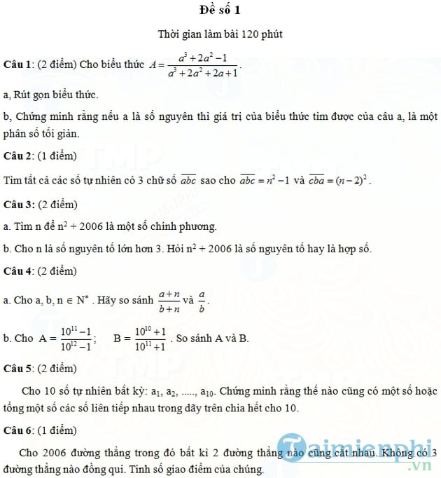 Đề thi học sinh giỏi môn Toán lớp 6