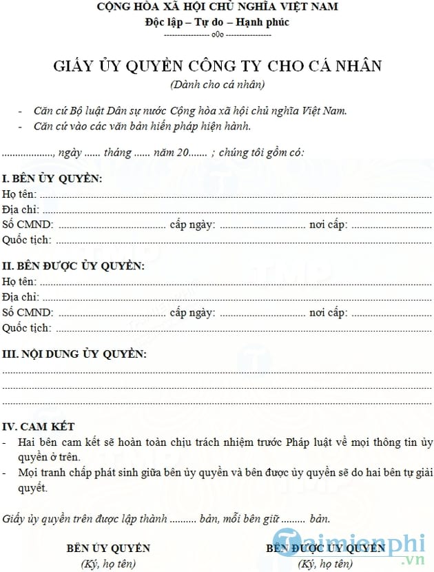 Giấy ủy quyền công ty cho cá nhân