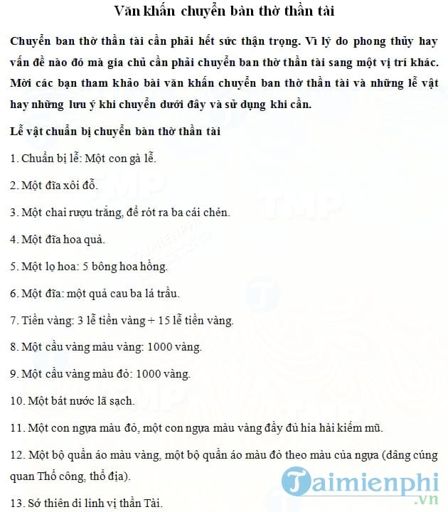 Văn khấn chuyển bàn thờ thần tài