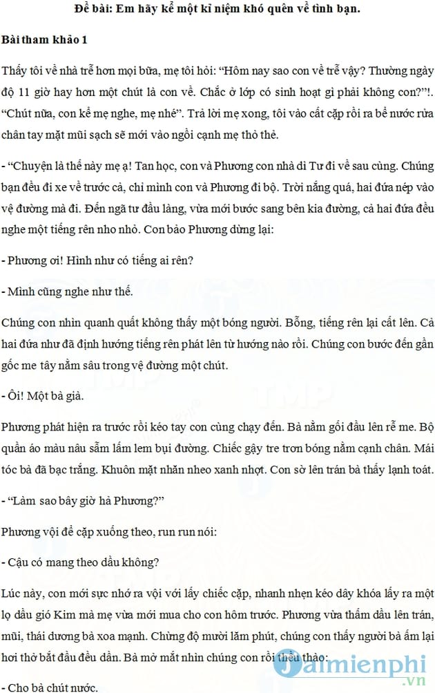 Văn mẫu kể một kỉ niệm khó quên về tình bạn