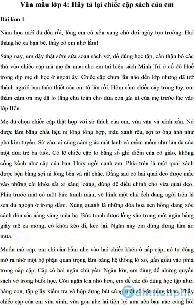 Văn mẫu tả lại chiếc cặp sách