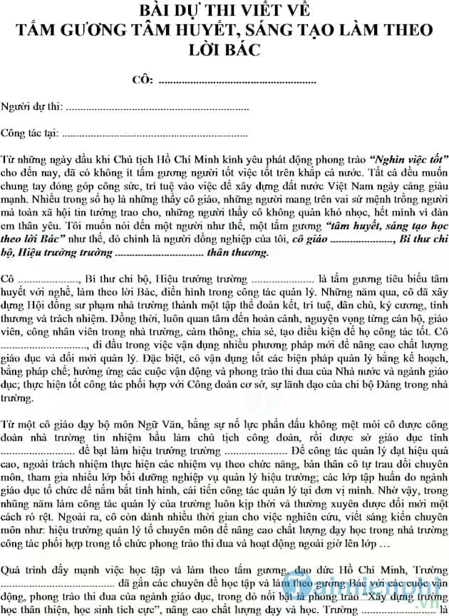 Bài dự thi Những tấm gương tâm huyết, sáng tạo học theo lời Bác