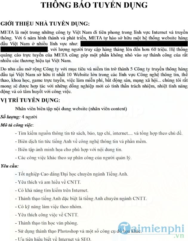 Mẫu thông báo tuyển dụng