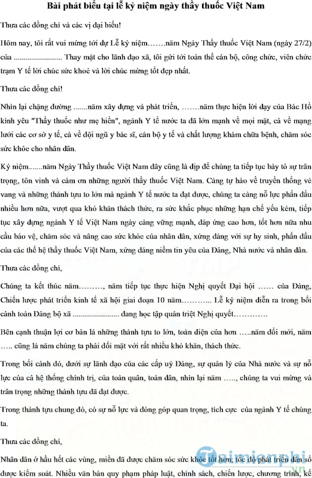 Bài phát biểu tại lễ kỷ niệm ngày thầy thuốc Việt Nam