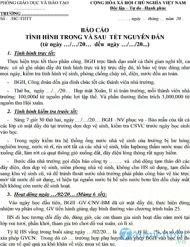 Mẫu Báo cáo tình hình trong và sau tết