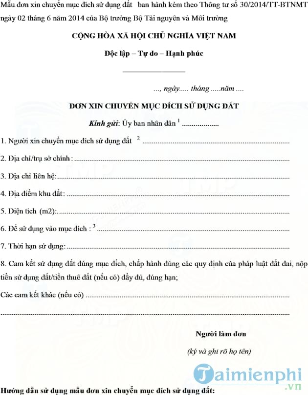 Mẫu Đơn xin chuyển mục đích sử dụng đất