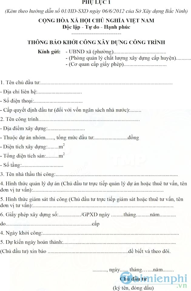 Mẫu thông báo khởi công xây dựng công trình
