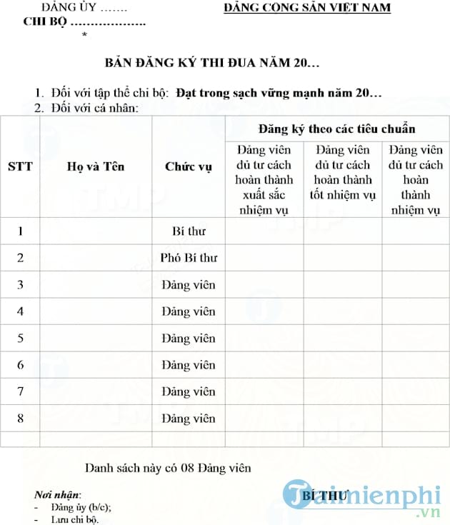 Bản đăng ký thi đua của đảng viên chi bộ