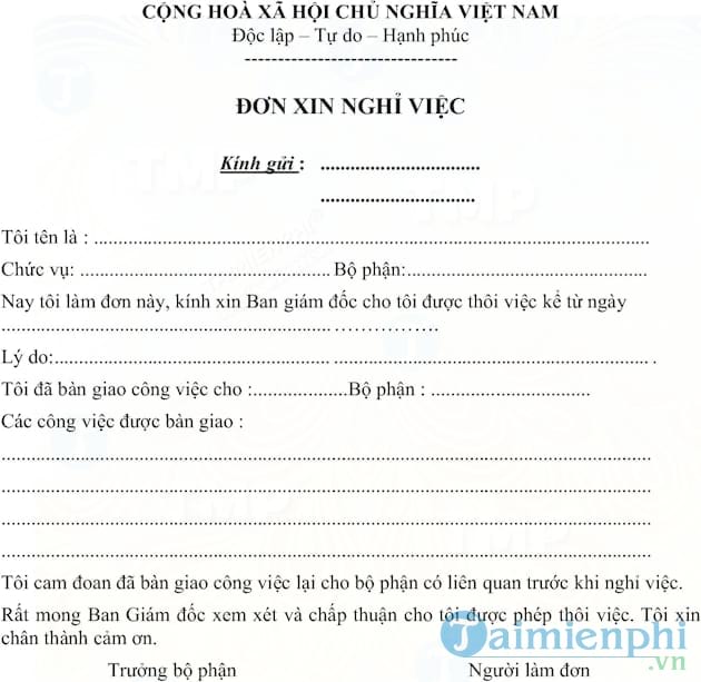 Mẫu đơn xin nghỉ việc của công nhân