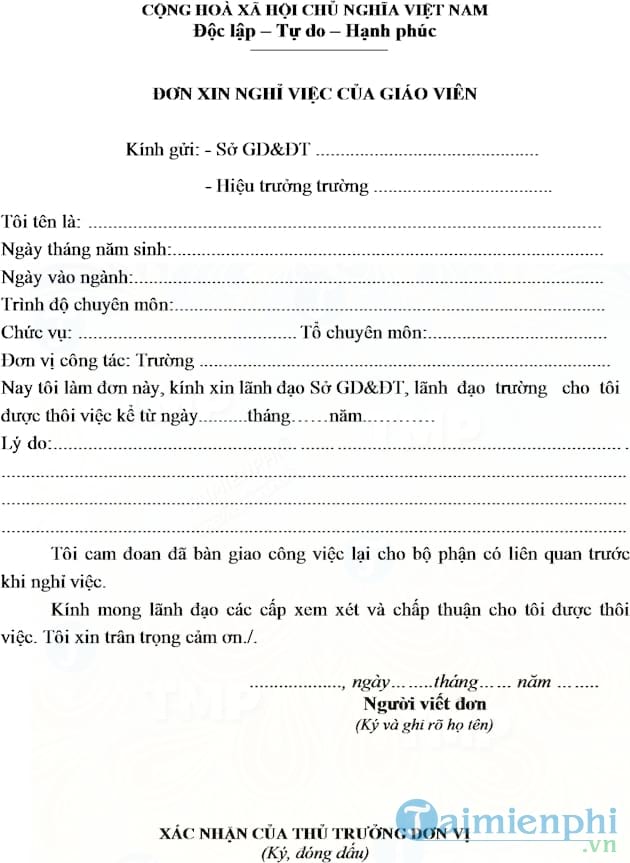 Đơn xin nghỉ việc của giáo viên