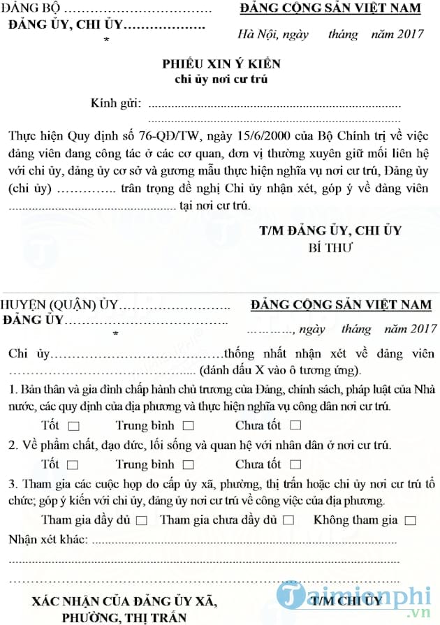 Phiếu xin ý kiến chi ủy nơi cư trú