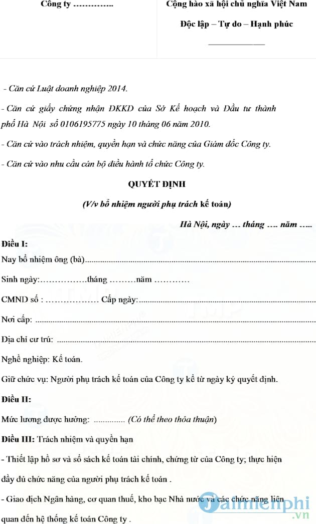 Mẫu quyết định bổ nhiệm người phụ trách kế toán