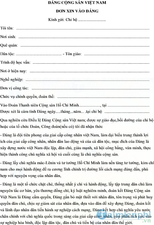 Mẫu đơn xin vào Đảng của giáo viên