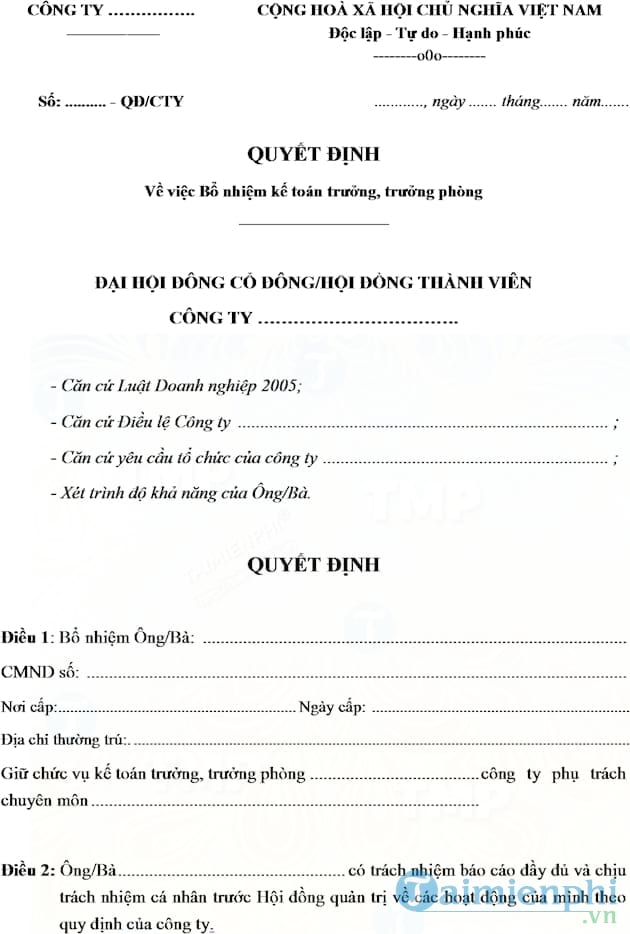 Mẫu quyết định bổ nhiệm kế toán trưởng, trưởng phòng