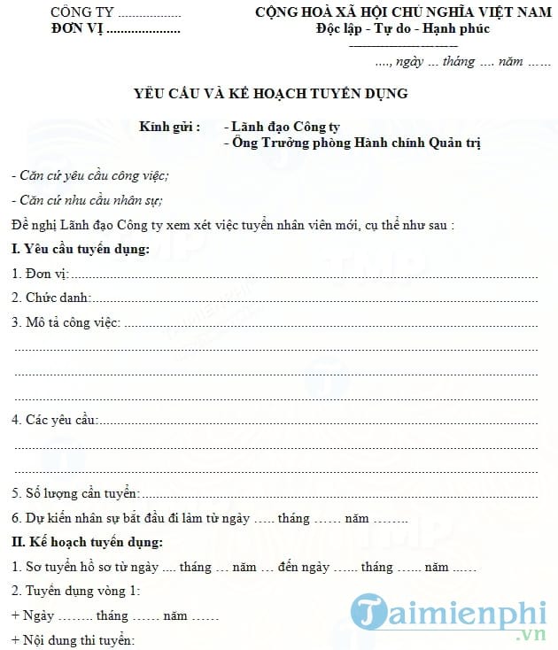 Mẫu yêu cầu và kế hoạch tuyển dụng