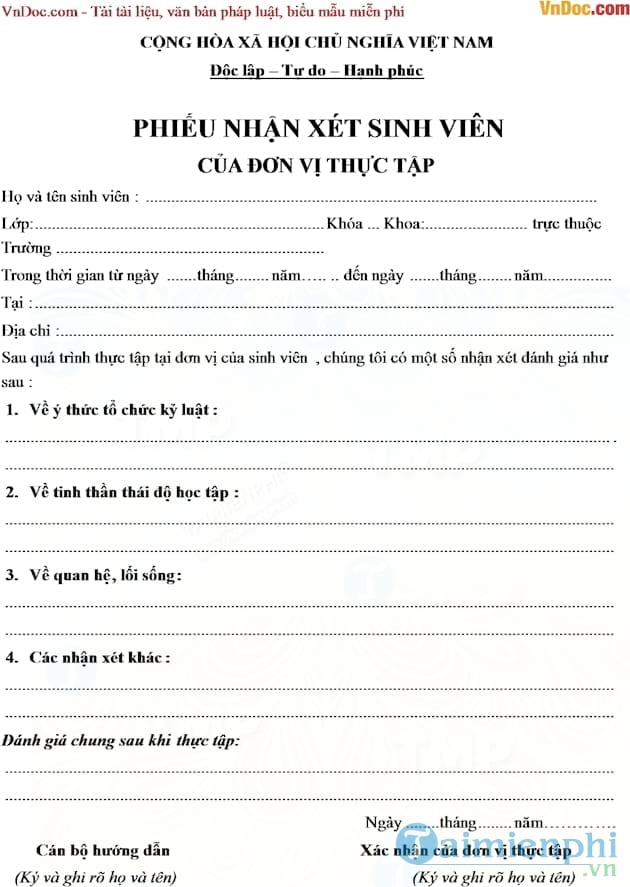 Mẫu nhận xét của đơn vị thực tập