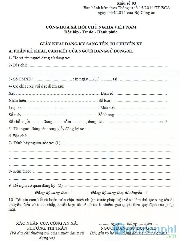 Mẫu tờ khai đăng ký sang tên đổi chủ ô tô, xe máy