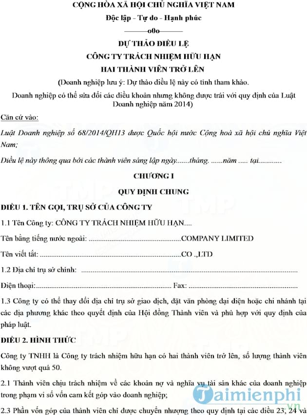 Điều lệ công ty TNHH 2 Thành viên trở lên
