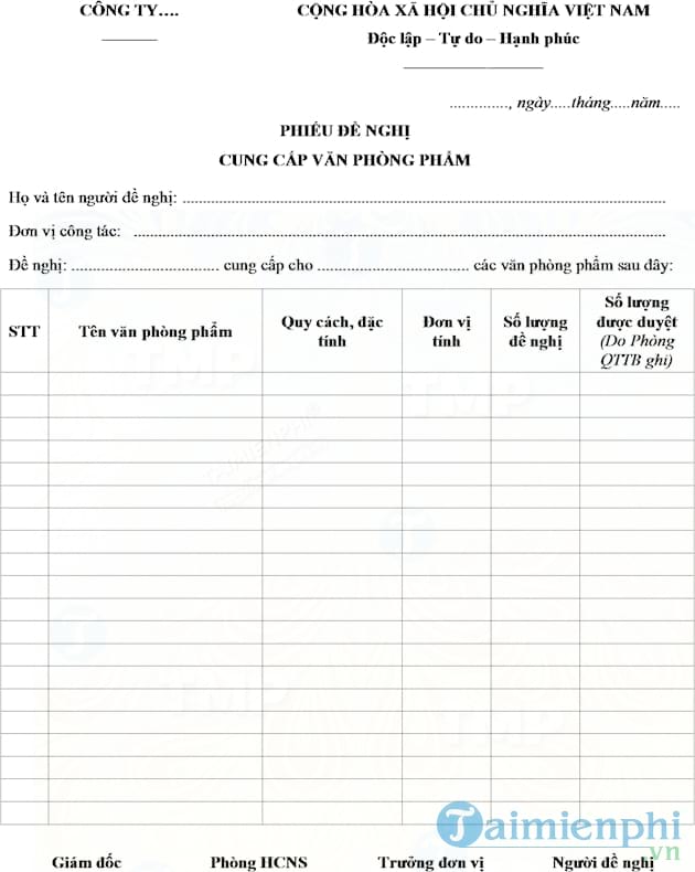 Phiếu đề nghị cung cấp văn phòng phẩm
